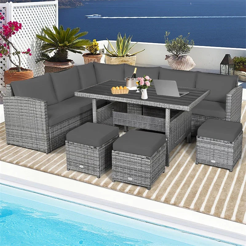 7 Pcs Rattan Patio Dining Furniture Sectional Sofa Set with Dining Table, Ottomans & Cushions - image 49