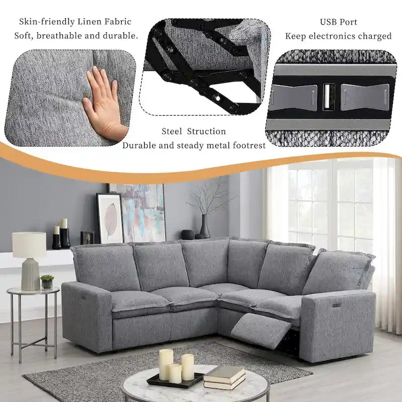 Linen Upholstered Power Recliner L-Shaped Sectional Sofa with USB Port - Soft Home Theater Seating for Living Room - image 15