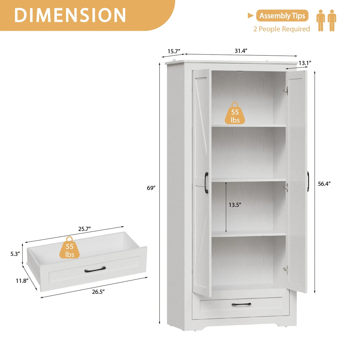 YouTrend 69" Tall Kitchen Pantry,Farmhouse Storage Cabinet with 2 Barn Doors 4 Adjustable Shelves and Large Drawer for Dining Room,Living Room,Bathroom,White - image 2