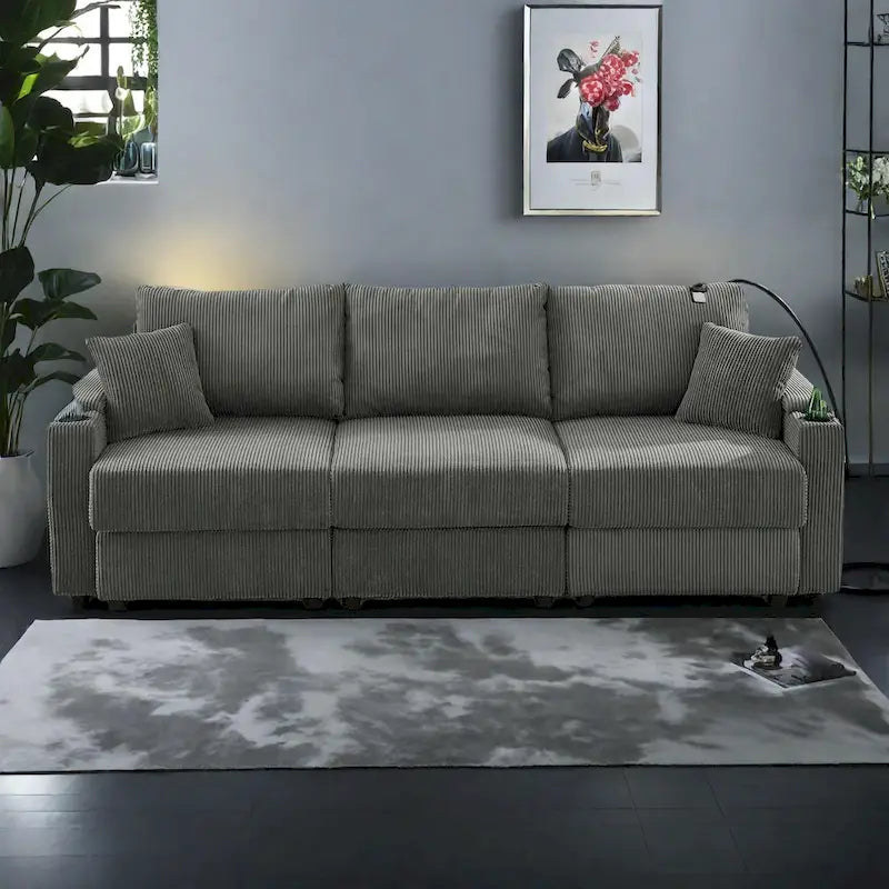 102 Corduroy Contemporary 3-Seater Sofa with Deep Seating, Cup Holders, and Phone Holder - image 8