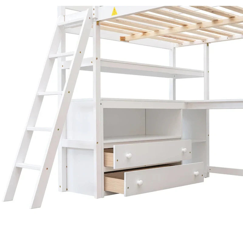 Gray Full-Size Loft Bed with Desk, Shelves, and Two Built-In Drawers - image 4