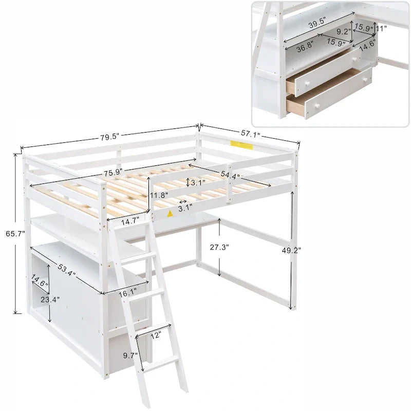 Gray Full-Size Loft Bed with Desk, Shelves, and Two Built-In Drawers - image 2