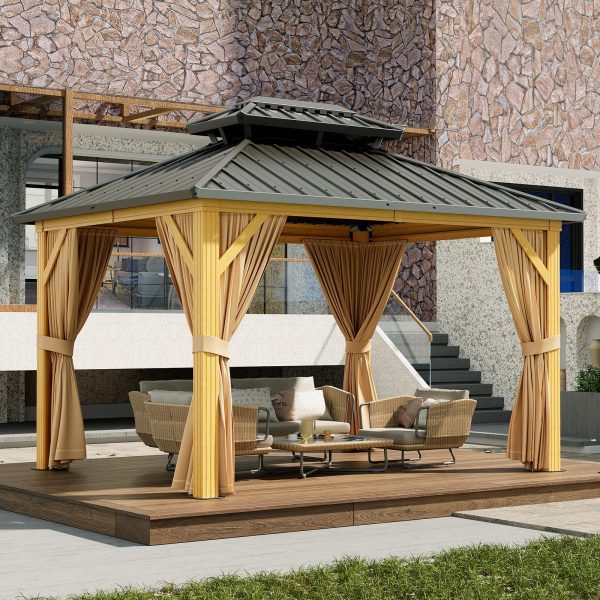 10X13 FT Outdoor Galvanised Steel Hardtop Gazebo, Heavy Duty Double Roof Outdoor Gazebo with Netting and Sunshade Curtains, Aluminium Framed Gazebo for Patio, Terrace, Lawn and Deck, Khaki - image 2