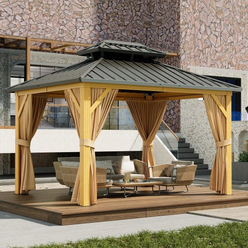 10X13 FT Outdoor Galvanised Steel Hardtop Gazebo, Heavy Duty Double Roof Outdoor Gazebo with Netting and Sunshade Curtains, Aluminium Framed Gazebo for Patio, Terrace, Lawn and Deck, Khaki - image 2