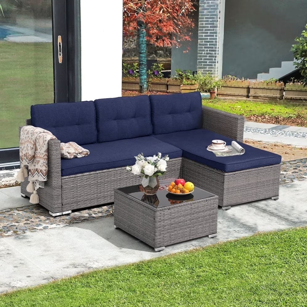 JOIVI 3 Pieces Patio Conversation Set, PE Wicker Rattan Outdoor Furniture Set, 2 Ways Small Sectional Sofa, Tempered Glass Coffee Table, Silver-Gray - image 5