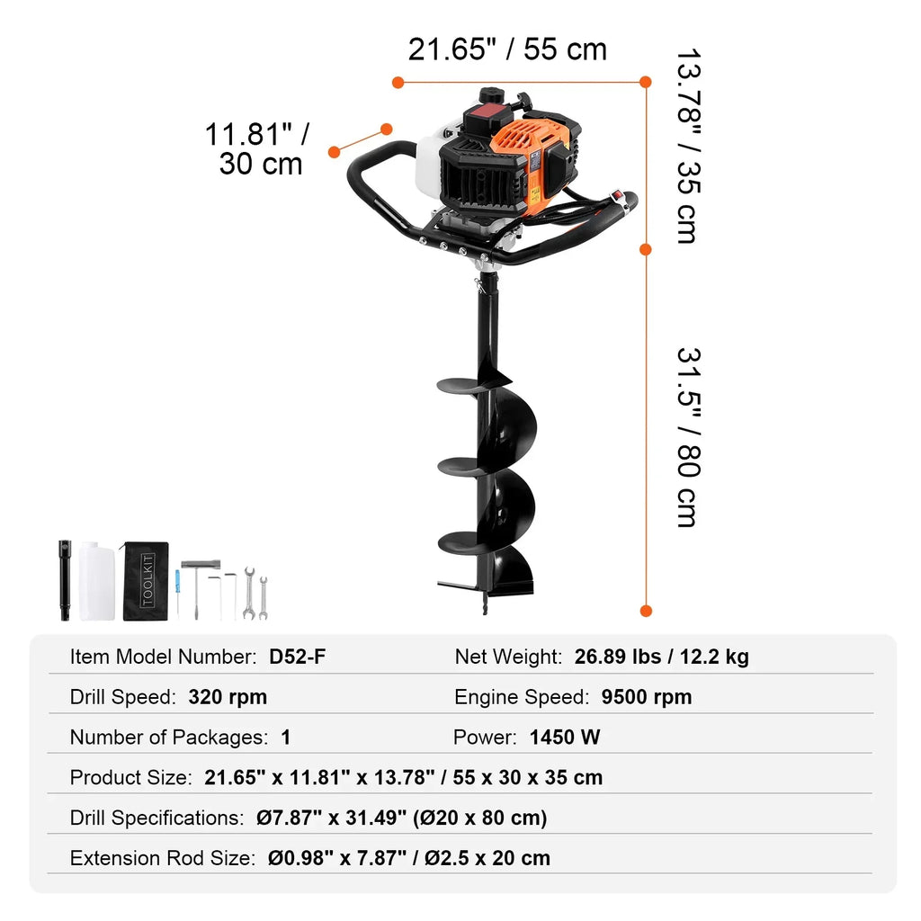 KFFKFF Gas Earth Auger, 52CC 1450W, Includes 8 Drill Bit & Extension Rod, Ideal for Garden, Farmland Fence - image 9