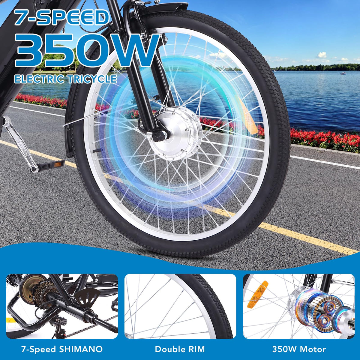Garvee 3 Wheel Electric Bicycle for Men Women, 350W Motor Electric Tricycle for Adults, 26" Fat Tire Motorized Bicycle w/ 36V 10Ah Removable Battery, 7 Speed Electric Trike up to 50+ Miles, 3 Modes - image 3