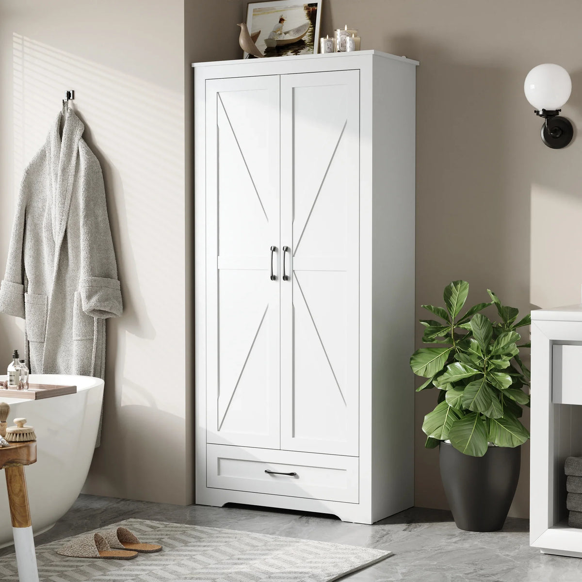 YouTrend 69" Tall Kitchen Pantry,Farmhouse Storage Cabinet with 2 Barn Doors 4 Adjustable Shelves and Large Drawer for Dining Room,Living Room,Bathroom,White - image 9