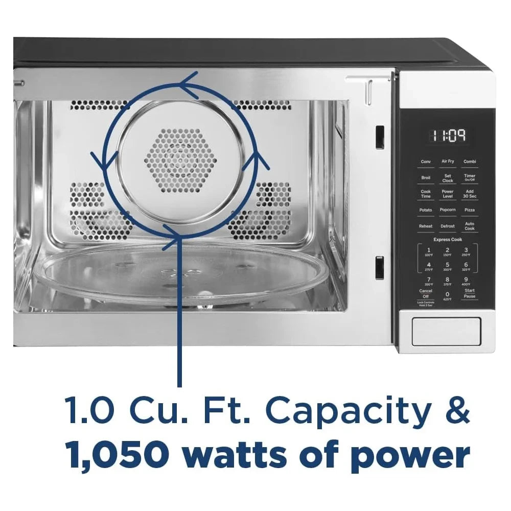 Open Box GE 3-in-1 Microwave Oven, 1,050 Watts Air Fryer, Broiler and Convection Mode, Child-Lock Technology, Kitchen Essentials for The Countertop or Dorm Room, 1.0 Cu. Ft., Stainless Steel - image 3