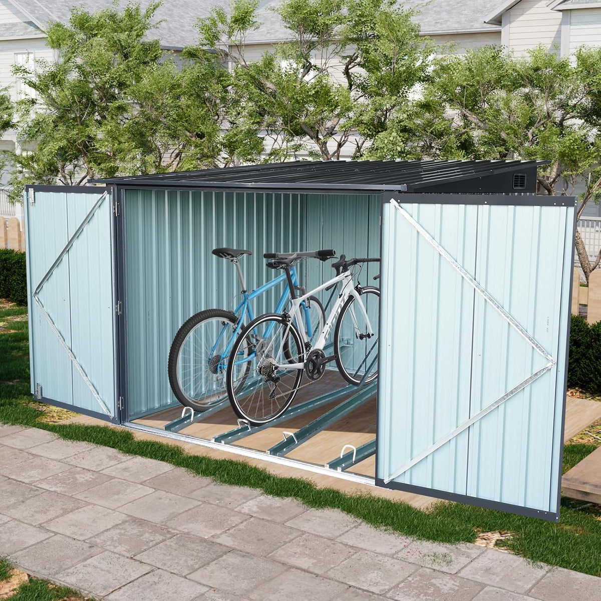5-foot outdoor steel bicycle storage shed with a sloping roof and 4 bicycle tracks. Bicycle storage shed, black version. - image 2