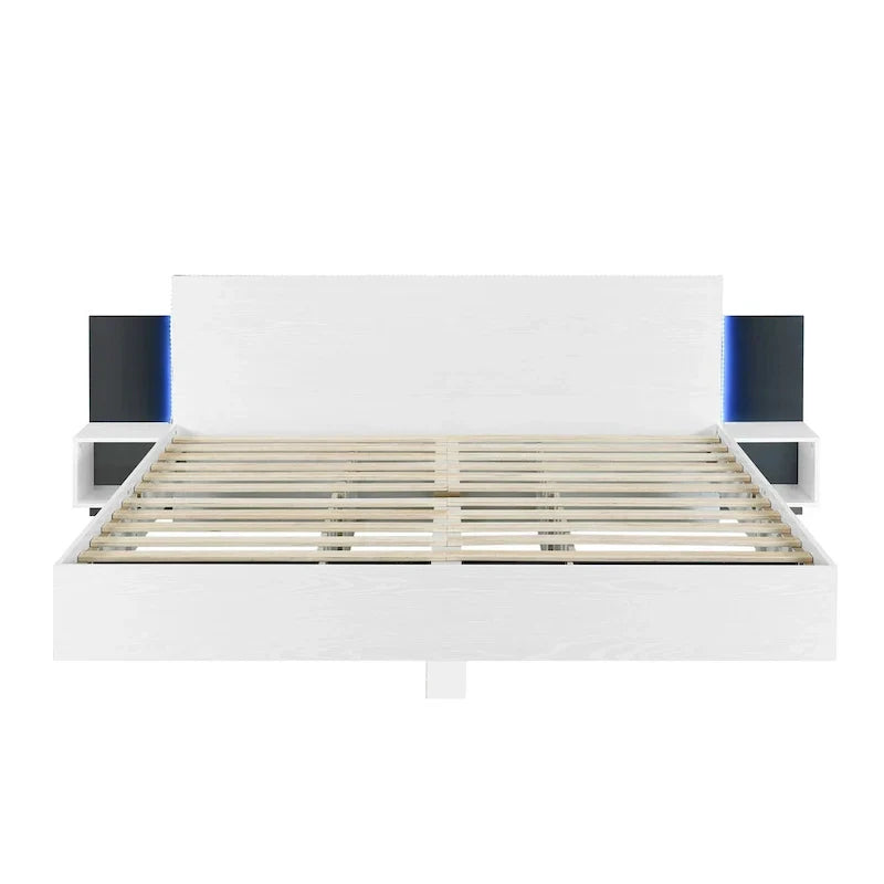 Modern King Size Wooden Floating Bed Frame with Nightstand and LED - Slatted Support Design - image 24