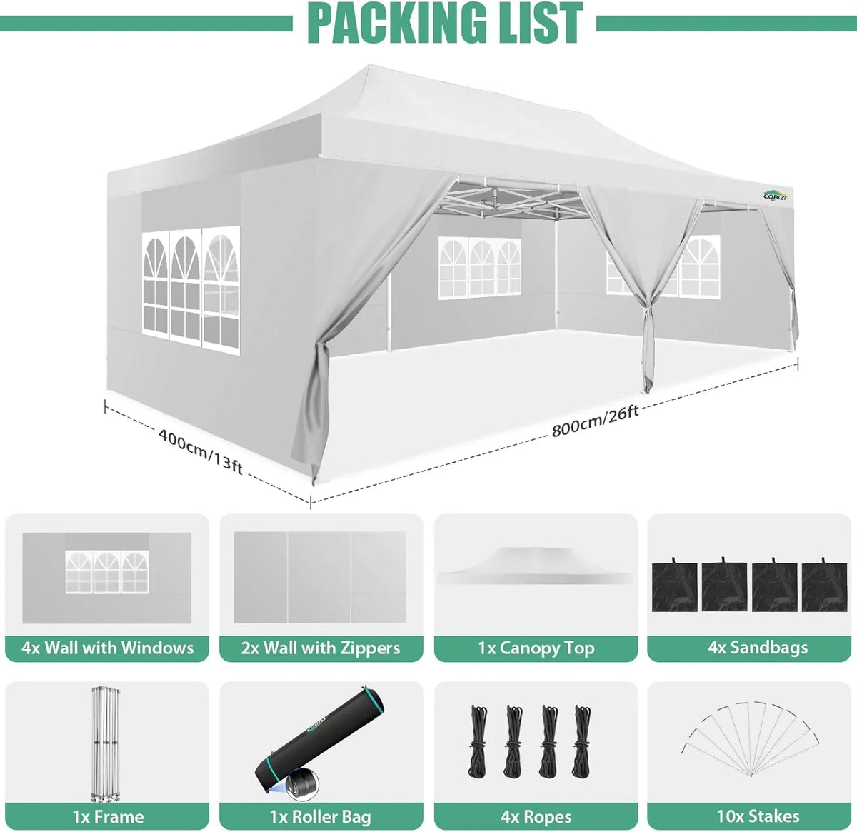 COBIZI 10x20 Heavy Duty Pop up Canopy Tent with 6 sidewalls Easy Up Commercial Outdoor Canopy Wedding Party Tents for Parties All Season Wind & Waterproof Gazebo with Roller Bag,Black(Frame Thickened) - image 167