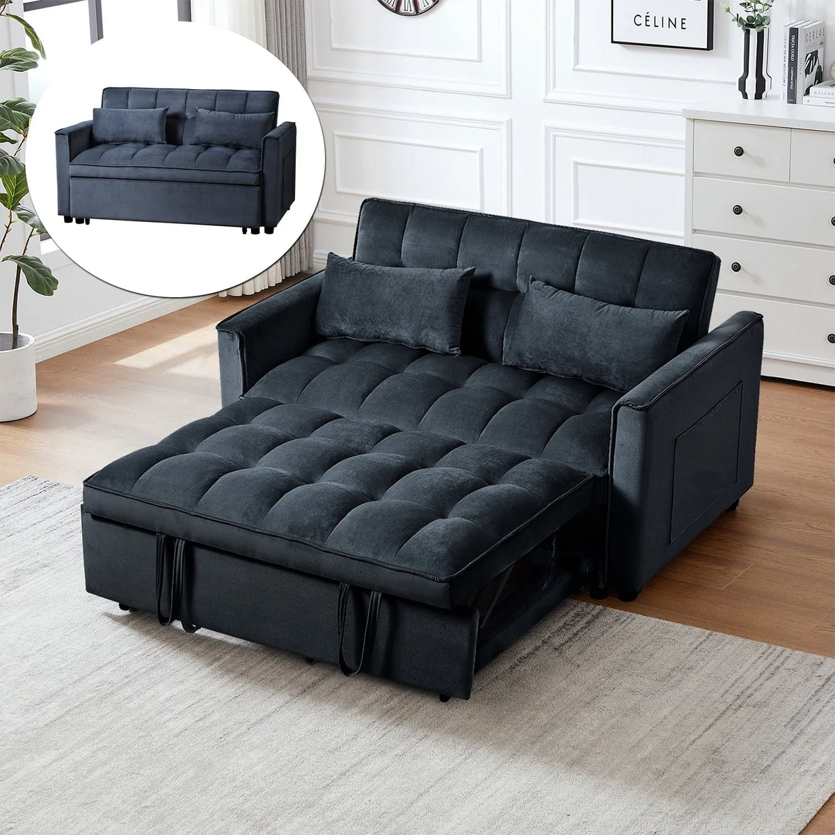 3 in 1 Convertible Sleeper Sofa Bed, Futon Couches for Living Room with Side Pocket / Adjustable Backrest/ Velvet Fabric / Pull Out Couch / Love-seat sofa/ Sectional Sofa Bed/ 2-seat sofa bed - image 4