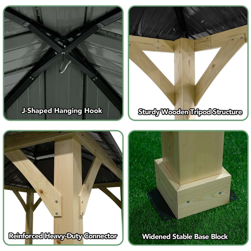 10 x 10 FT Outdoor Patio Hardtop Gazebo with Wood Frame & 2-Tier Metal Roof, All-Weather Gazebo Pergolas Shelter - image 17
