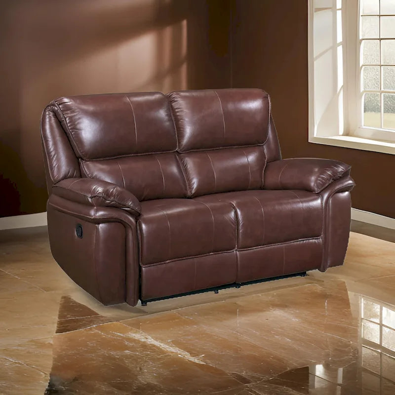 Jack 66-Inch Manual Recliner Loveseat in Plush Brown Top Grain Leather with Wood Accents - image 1