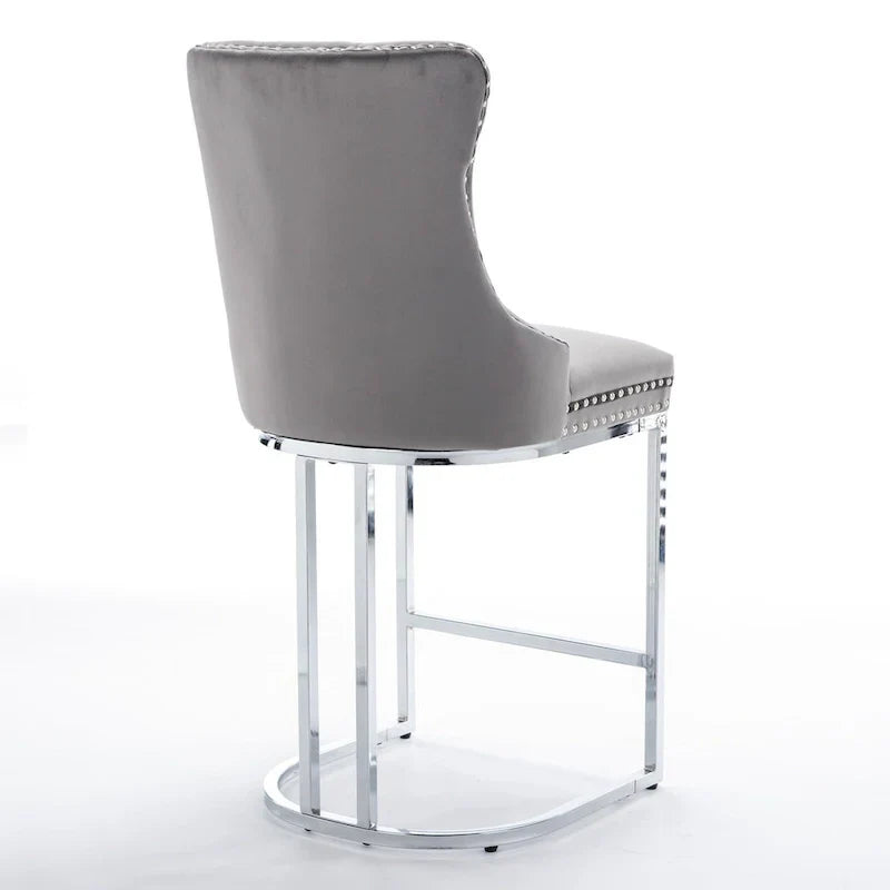 Contemporary Set of 2 Bar Stools with Button-Tufted Back and Studded Trim, Chrome Metal Base - Ideal for Dining Room, Living Room, and Bedroom - image 28