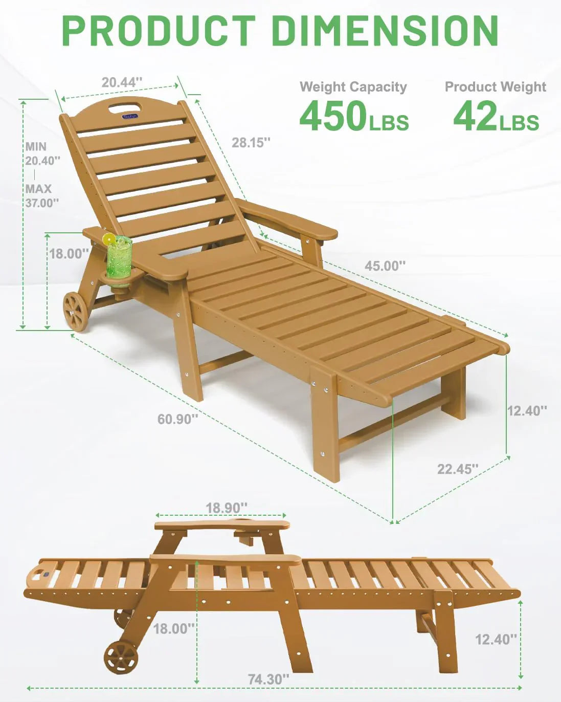 Lounge Chair Outdoor, Chaise Lounge, HDPE 6-Position Outdoor Chaise Lounge, Patio Lounge Chair with Wheels & Cup Holder for Pool Poolside Deck Backyard, Teak - image 25