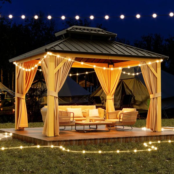 10X13 FT Outdoor Galvanised Steel Hardtop Gazebo, Heavy Duty Double Roof Outdoor Gazebo with Netting and Sunshade Curtains, Aluminium Framed Gazebo for Patio, Terrace, Lawn and Deck, Khaki - image 3