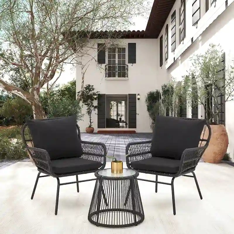 3-Piece Patio Conversation Bistro Set, Outdoor Rattan Furniture Set with Glass Table & 2 Wide Armchairs, Seat Cushions - image 14