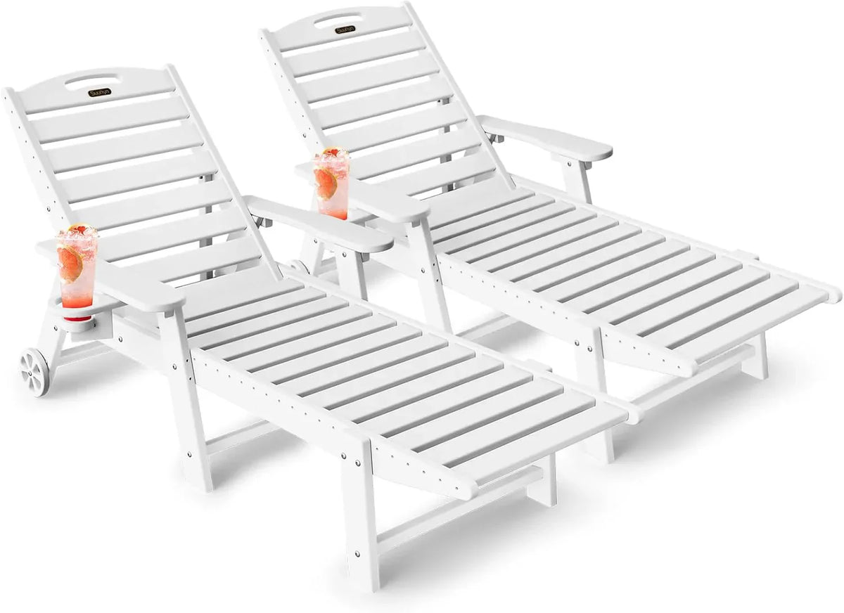 Lounge Chair Outdoor, Chaise Lounge, HDPE 6-Position Outdoor Chaise Lounge, Patio Lounge Chair with Wheels & Cup Holder for Pool Poolside Deck Backyard, Teak - image 18