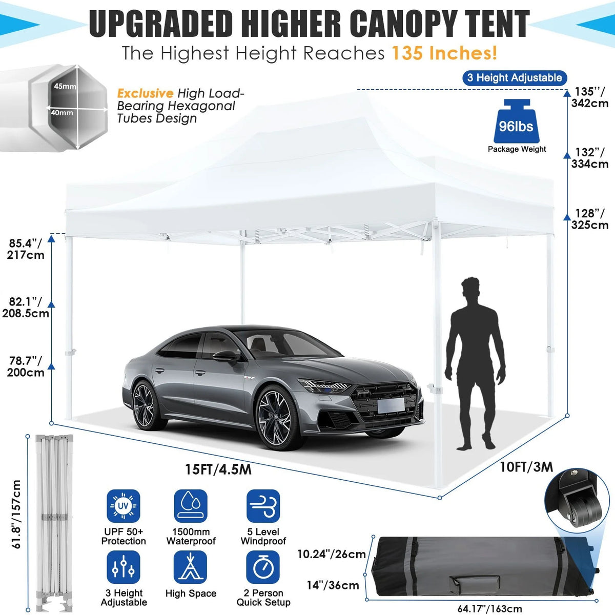 HOTEEL 10x15 Heavy Duty Canopy Tent ,Pop up Canopy for Parties Wedding,Commercial Easy up Gazebo with Roller Bag,UV 50+ &,White - image 3
