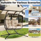 Outdoor Swing Loveseat with Stand, Foldable Hanging Chair, Hammock Cushion, and Awning, Double Egg Chair - Beige - image 17