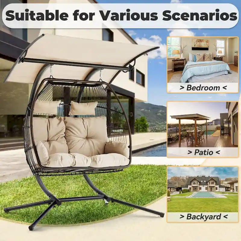 Outdoor Swing Loveseat with Stand, Foldable Hanging Chair, Hammock Cushion, and Awning, Double Egg Chair - Beige - image 17