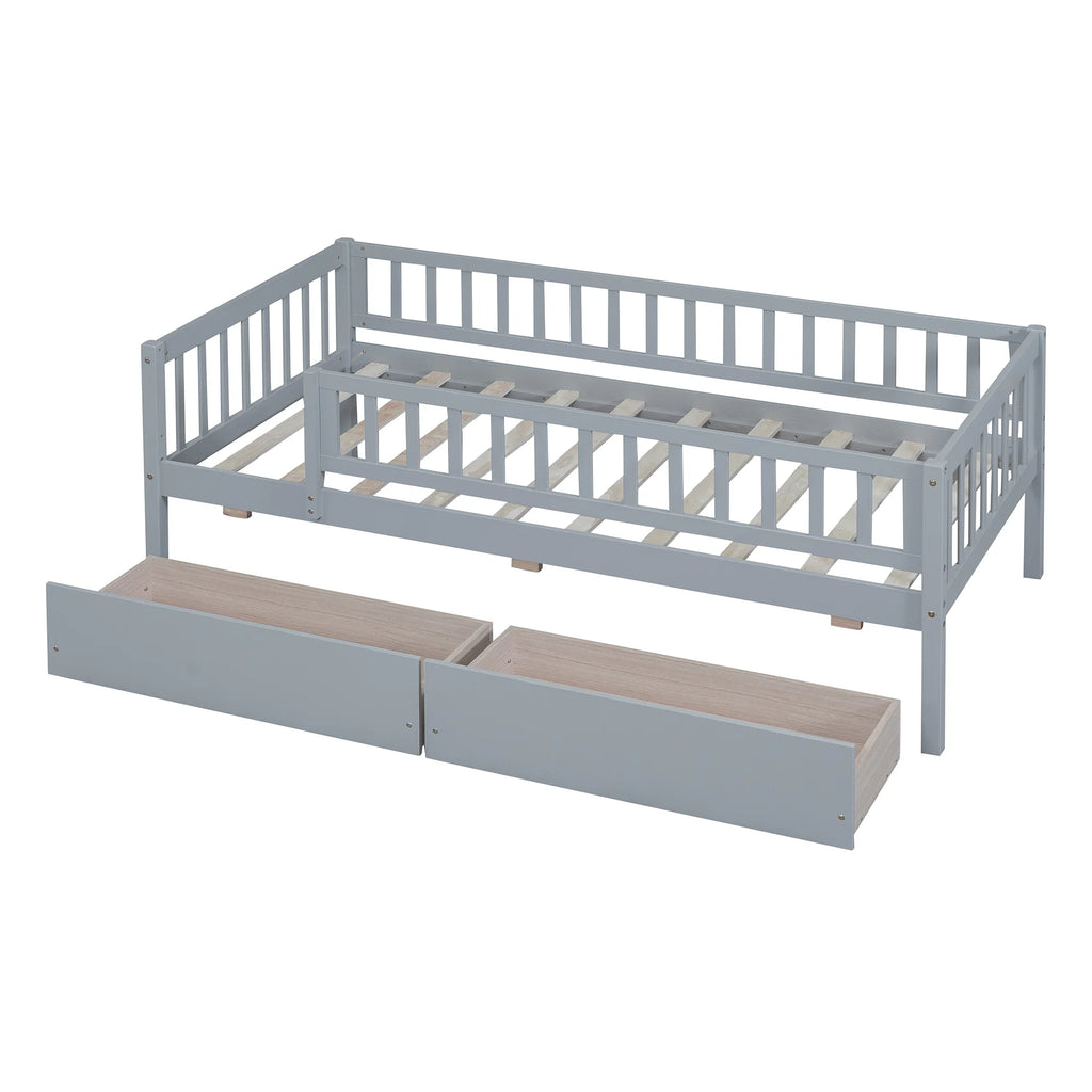 Holaki Twin Size Wood Bed with Guardrails and 2 Storage Drawers for Kids, Gray - image 7
