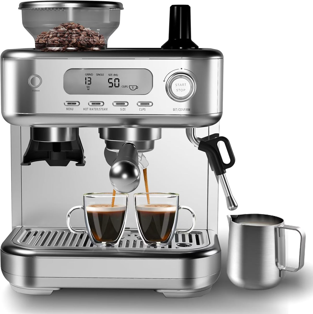 Espresso Machine with Grinder, Professional Coffee and Espresso Maker Combo, Stainless Steel Cafe Espresso Machine with Steam Wand Barista Kit for Cappuccino Latte - image 1