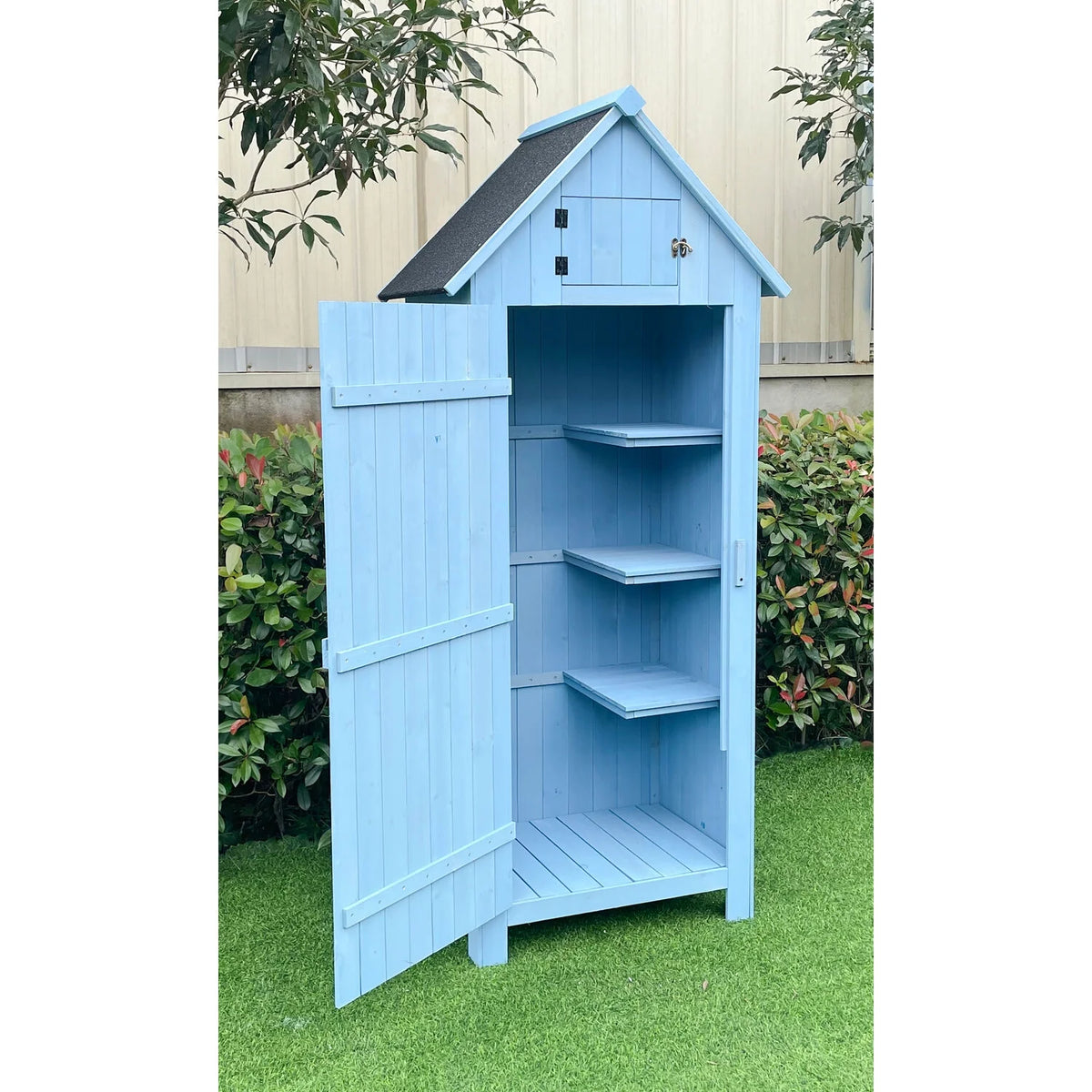 Hanover Sturdy Durable Waterproof Wood Outdoor Vertical Storage Shed, 70.40"x 30.30"x21.30", Blue - image 7