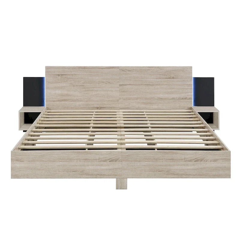 Modern King Size Wooden Floating Bed Frame with Nightstand and LED - Slatted Support Design - image 9