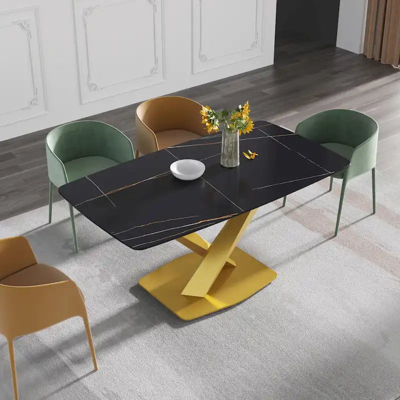 63-Inch Contemporary Dining Table with Slate Stone Surface and Metal Legs, Marble Finish - image 23