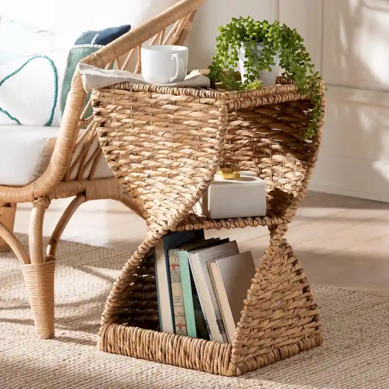 Pelleas Contemporary Bohemian Natural Brown Seagrass and Wood Side Table - image 1