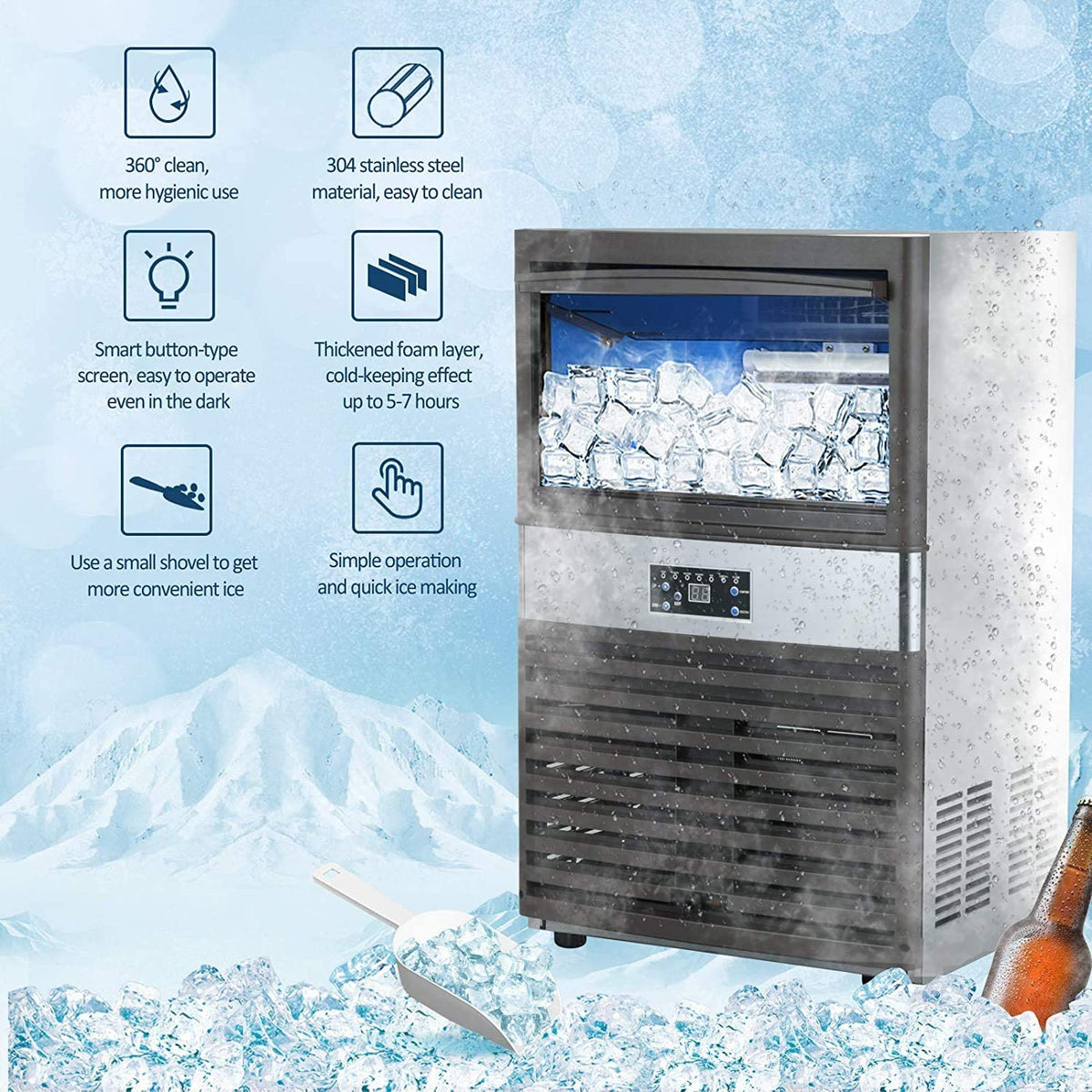 YUTGMasst Commercial Ice – 110LBS/24H Stainless Steel Free-Standing Ice Machine Maker Air Cooling Ice - image 2