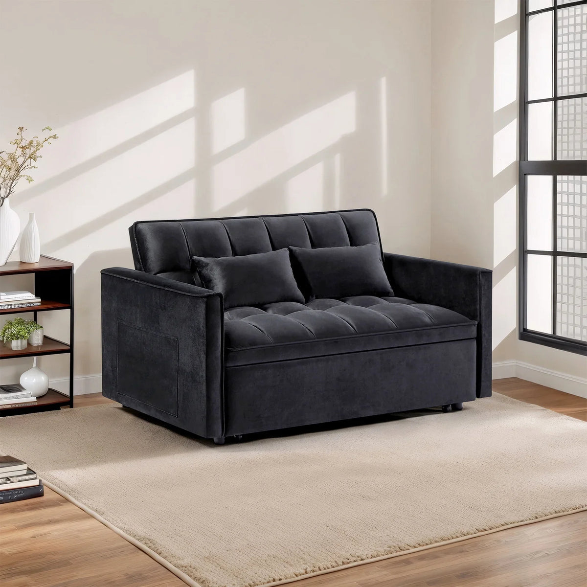 3 in 1 Convertible Sleeper Sofa Bed, Futon Couches for Living Room with Side Pocket / Adjustable Backrest/ Velvet Fabric / Pull Out Couch / Love-seat sofa/ Sectional Sofa Bed/ 2-seat sofa bed - image 5