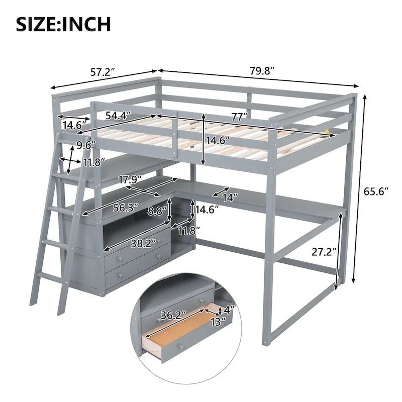 Gray Full-Size Loft Bed with Desk, Shelves, and Two Built-In Drawers - image 7