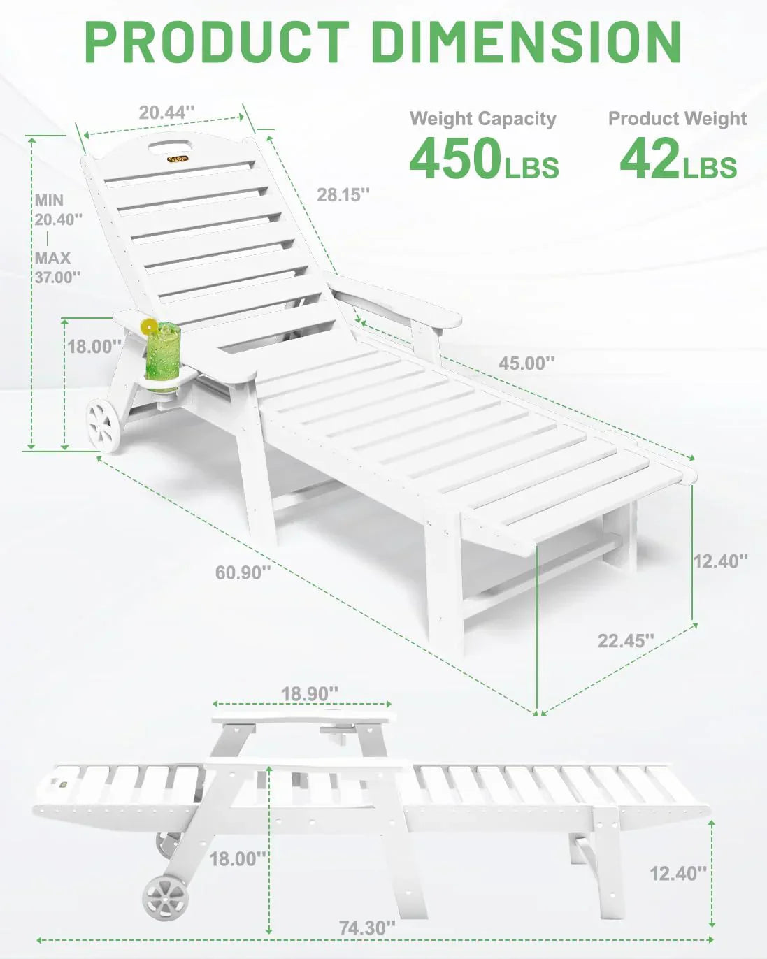 Lounge Chair Outdoor, Chaise Lounge, HDPE 6-Position Outdoor Chaise Lounge, Patio Lounge Chair with Wheels & Cup Holder for Pool Poolside Deck Backyard, Teak - image 68