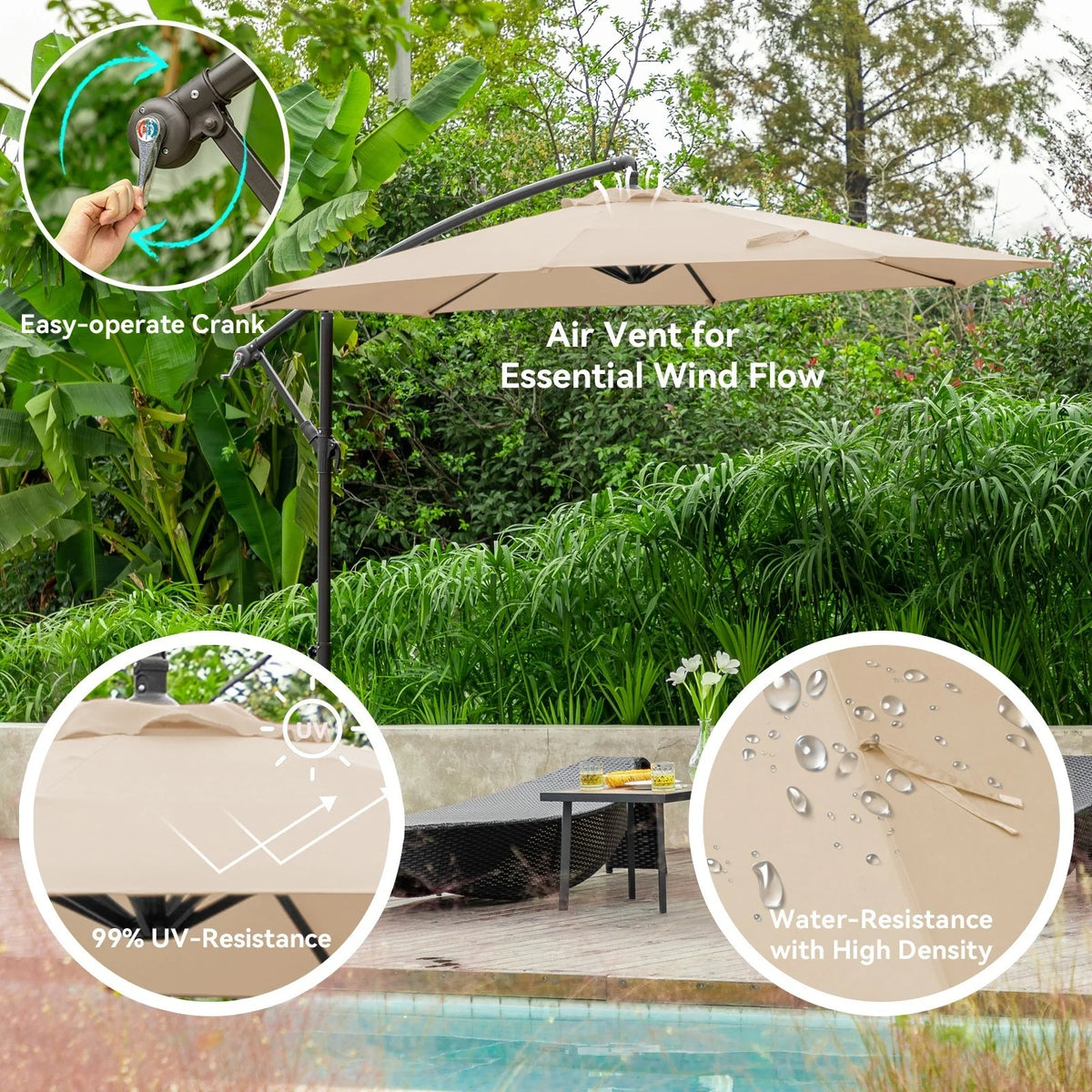 JUSTLET 10ft Heavy Duty Patio Hanging Offset Cantilever Patio Umbrella W/ 4-Piece Base Included Included, Beige - image 8
