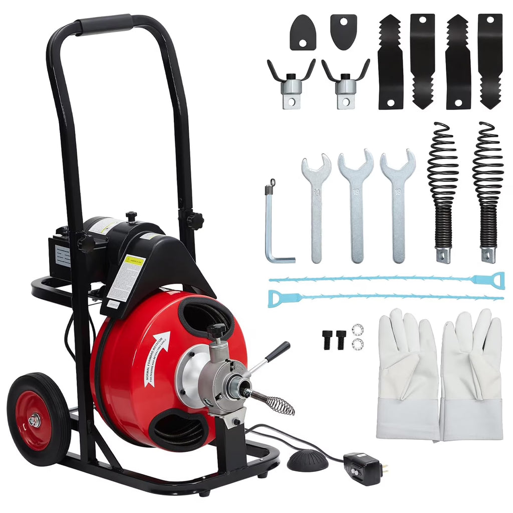 Telyswee Drain Cleaner Machine 100ft x 1/2inch Auto-feed Electric Drain Auger for 1in to 4in Pipes, w/ 8 Cutters & Air-activated Foot Switch, 250W/370W 1700RPM Drain Sewer Snake Drain Auger Cleaner - image 1