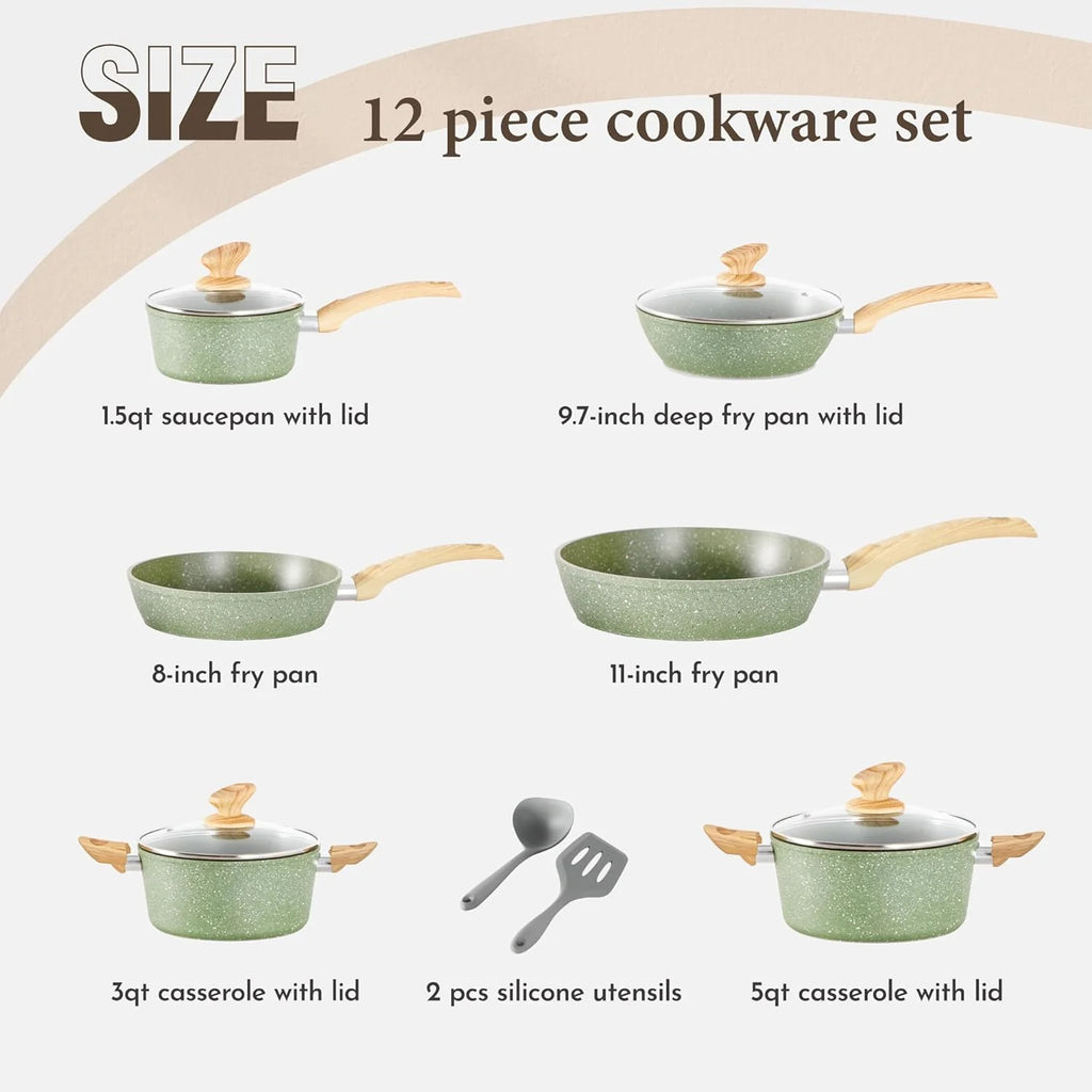 Kitchen Academy Induction Cookware Sets - 12 Piece Green Cooking Pan Set, Granite Nonstick Pots and Pans Set - image 22