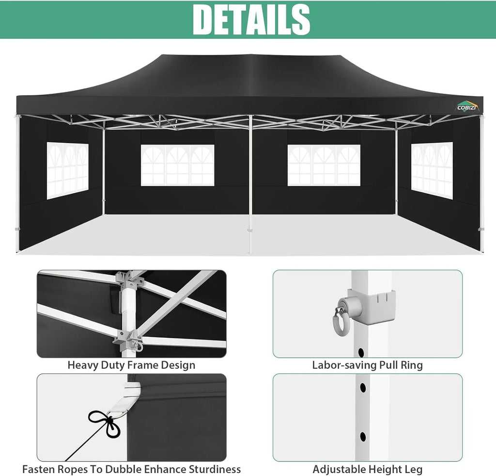 COBIZI 10x20 Heavy Duty Pop up Canopy Tent with 6 sidewalls Easy Up Commercial Outdoor Canopy Wedding Party Tents for Parties All Season Wind & Waterproof Gazebo with Roller Bag,Black(Frame Thickened) - image 215