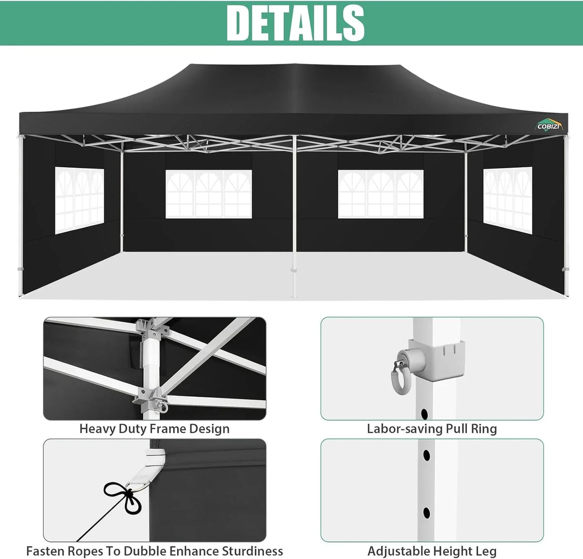 COBIZI 10x20 Heavy Duty Pop up Canopy Tent with 6 sidewalls Easy Up Commercial Outdoor Canopy Wedding Party Tents for Parties All Season Wind & Waterproof Gazebo with Roller Bag,Black(Frame Thickened) - image 215