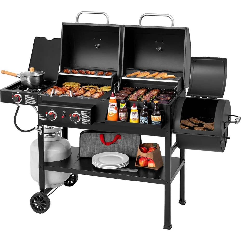 2-Burner Gas & Charcoal Combo Grill with Smoker & Side Burner, 34,000 BTU, 1020 Sq In, Black - image 1