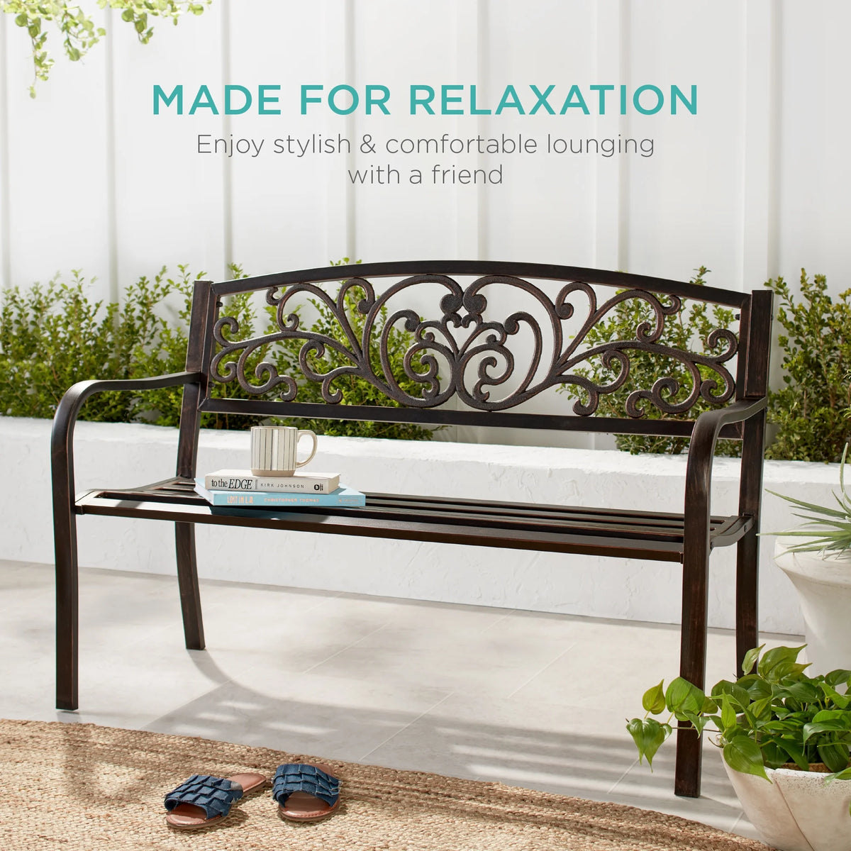 Best Choice Products Outdoor Steel Bench Garden Patio Porch Furniture W/ Floral Design Backrest - Black - image 14