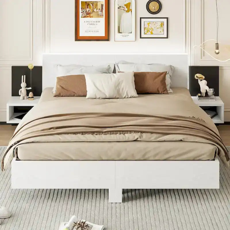 Modern King Size Wooden Floating Bed Frame with Nightstand and LED - Slatted Support Design - image 23
