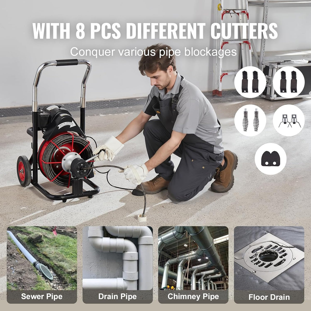 Drain Cleaner Machine 100FT x 1/2 Inch, Auto Feed Sewer Snake Auger on Wheels, 550W Portable Drain Cleaning Machine with 8 Cutters & Air-activated Foot for 2" to 4" Pipes - image 8