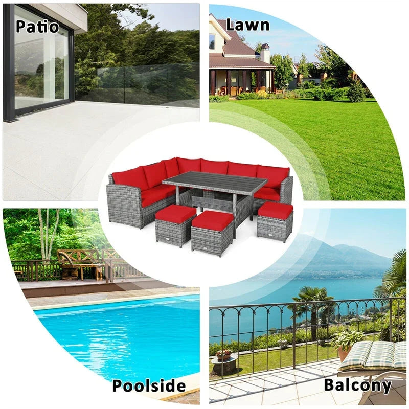 7 Pcs Rattan Patio Dining Furniture Sectional Sofa Set with Dining Table, Ottomans & Cushions - image 23