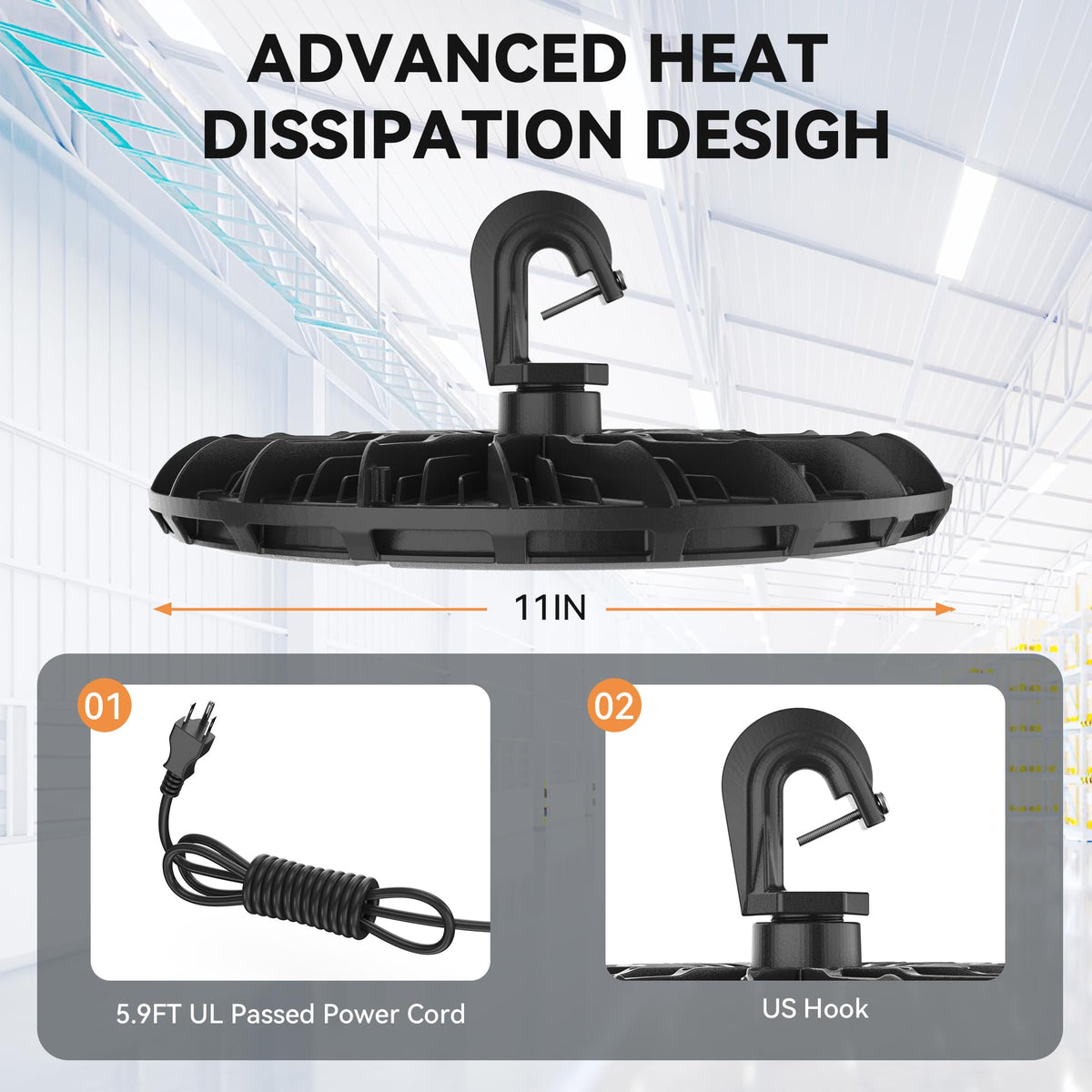 UFO LED High Bay Light 150W 2 Pack, High Bay LED Shop Lights 5000K 23,100LM Daylight UL Listed with US Plug 6' Cable, Hanging Hook, UFO High Bay LED Lights for Warehouse Workshop Garage Factory Gyms - image 4