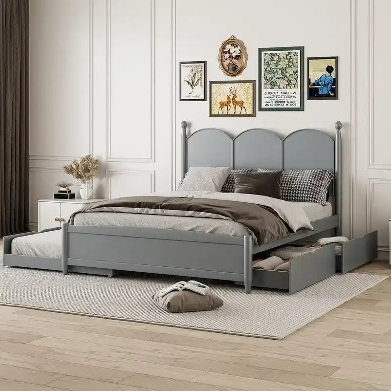 Queen Size Platform Bed with Vintage Headboard - Multifunctional Storage Frame Featuring Twin XL Trundle & 2 Drawers - image 4