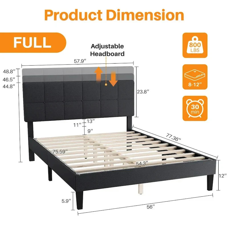 Modern Platform Bed Frame with Adjustable Headboard - Sturdy Geometric Upholstered Design with 800LBS Capacity and Solid Wooden Slats - image 7